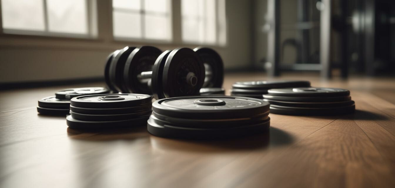 Weight plates in use in a home gym
